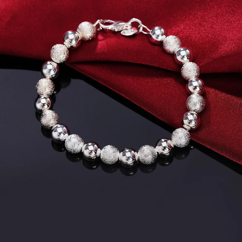 925 Sterling Silver Bracelets Charm Wild 8MM Frosted Beads Chain for Women Men Wedding Party Christmas Gifts Fashion Jewelry