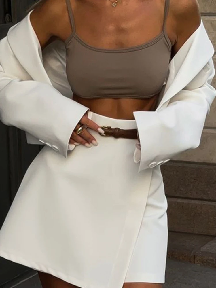 Elegante commute roupas femininas outono novo simples senhora escritório conjuntos de duas peças moda branco manga longa blazer & mini saias conjuntos