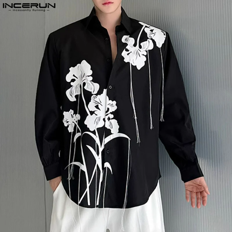 Men Harajuku Long Sleeve Shirt INCERUN Casual Floral Printing Tassel Decoration Hamdsome Tops Turn Dwon Collar Fashion Tees 2024