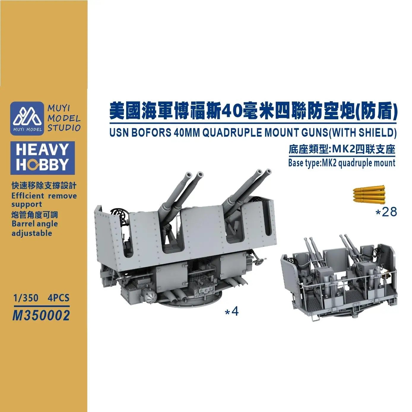 

MUYI MODEL STUDIO 1/350 M350002 USN BOFORS 40MM QUADRUPLE MOUNT GUNS (WITH SHIELD) 3D-print kit