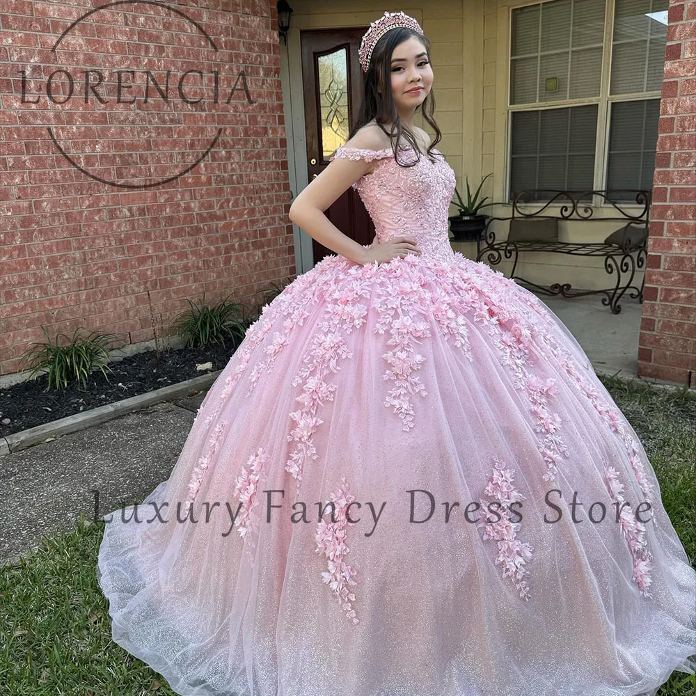 

Princess 3D Appliques Quinceanera Dresses Off Shoulder Crystal Glitter Ball Gowns Sweet 16 Birthday Customized vestidos de gala