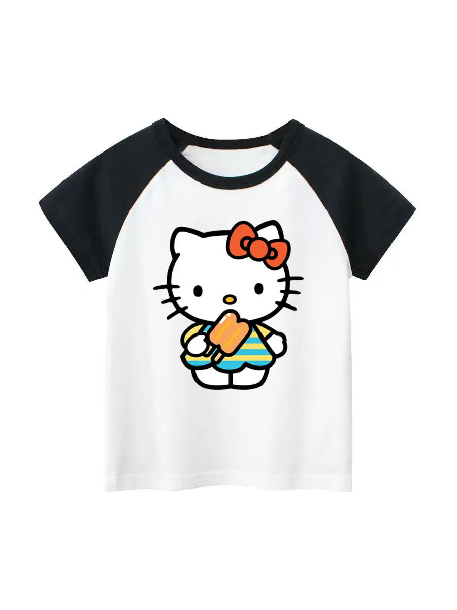 

Hello Kitty Boys Girls Cute T-shirts Cartoon Anime Graphic Print Cotton Short Sleeves Child Fashion Summer Clothes Party Gifts