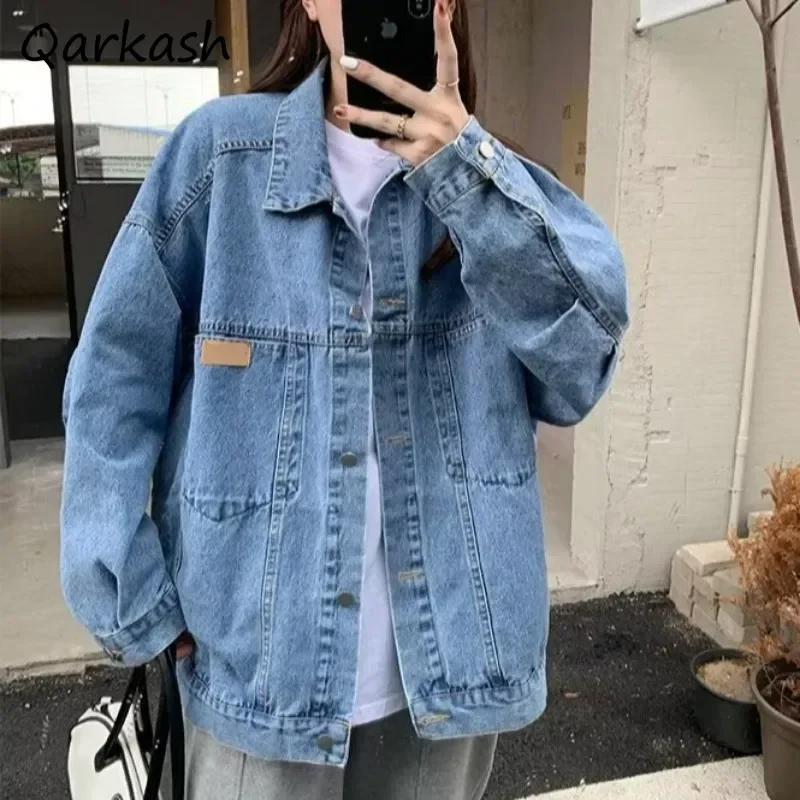 

Long Sleeve Denim Jackets Women American Vintage Washed Spliced Autumn New Stylish All-match Single Breasted Baggy Chic Tops