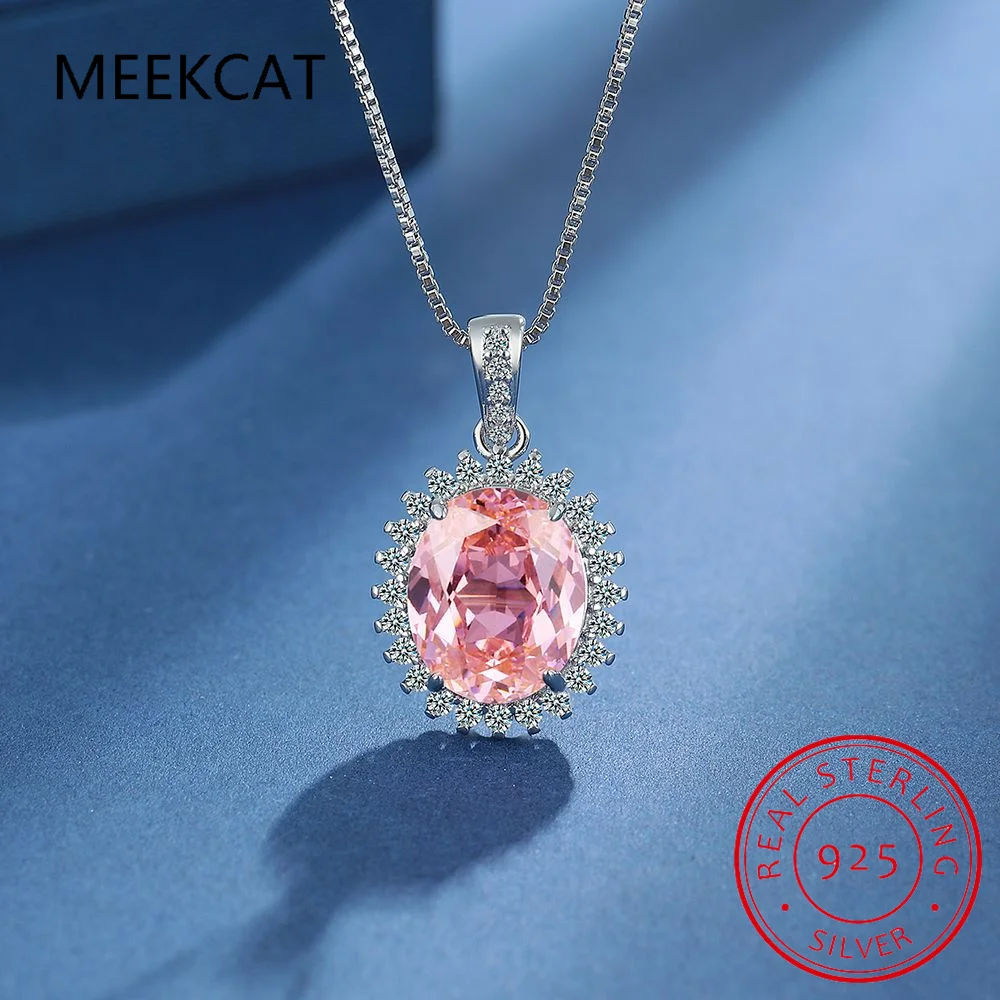 Princess Diana Created Pink Sapphire 925 Sterling Silver Pendant Necklace for Woman Fashion Trendy Oval Gemstone Jewelry