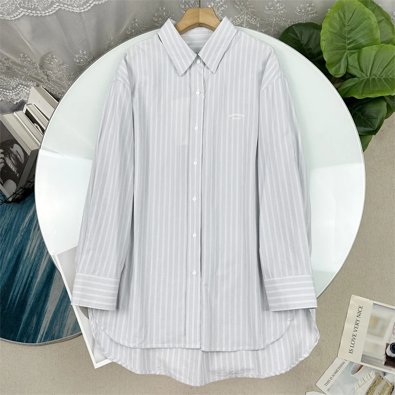 

Женская повседневная свободная хлопковая рубашка с эффектом похудения, в вертикальную полоску, в стиле Commute, с длинным рукавом, из чистого хлопка