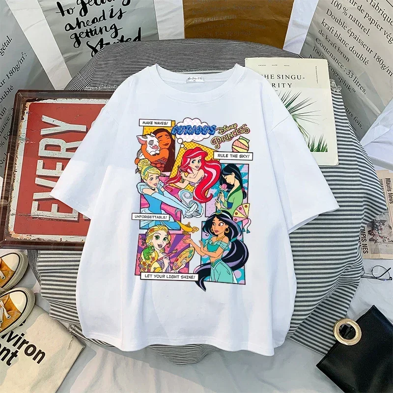 Koszulka damska z motywem księżniczek Disneya, letnia odzież uliczna, codzienna koszulka z krótkim rękawem, unisex, odzież codzienna, top, styl Y2k, dla rodziców i dzieci.
