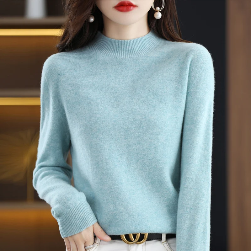 100% Pure Wool Sweater Women\'s Half Turtleneck Pullover Sweater 2022 Autumn Winter New Solid Color Outer Wear All-Match Slim Top