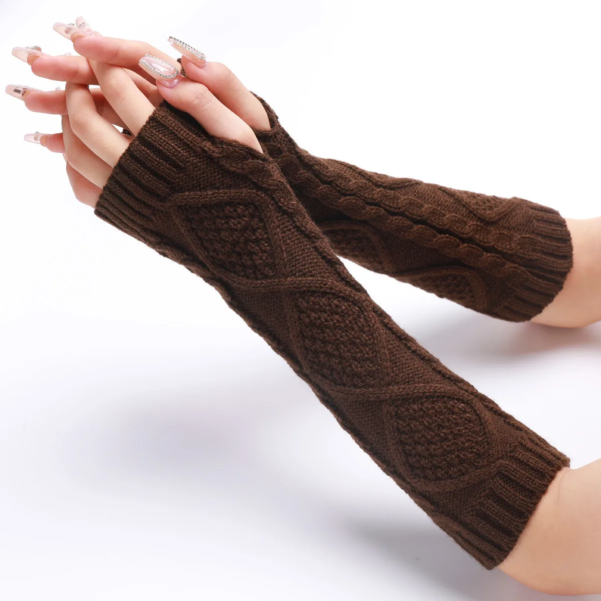 Unisex Arm Warmer Womens Winter Autumn Crochet Arm Sleeve Girls Geometric Knit Mitten Thumb Hole Fingerless Glove Wrist Warmer