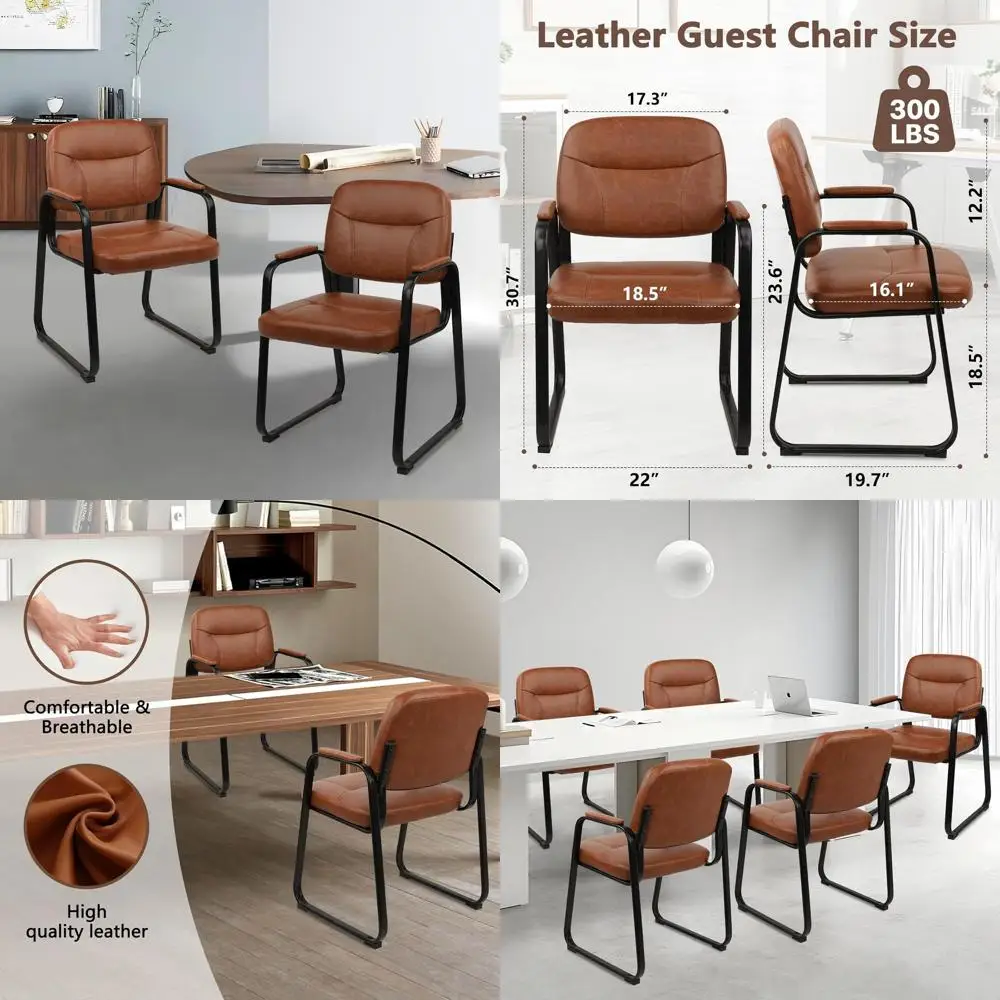 

Brown Leather Executive Guest Chairs for Conference Rooms with Sled Base and Padded Arms, No Wheels