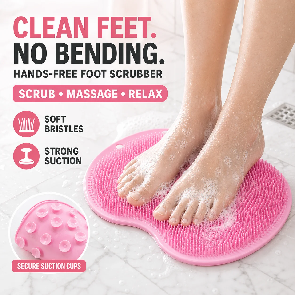 Silicone Foot Scrubber Mat Hands Free Shower Foot Washer Massage Exfoliating Back Scrubber Suction Cups for Seniors Bathroom