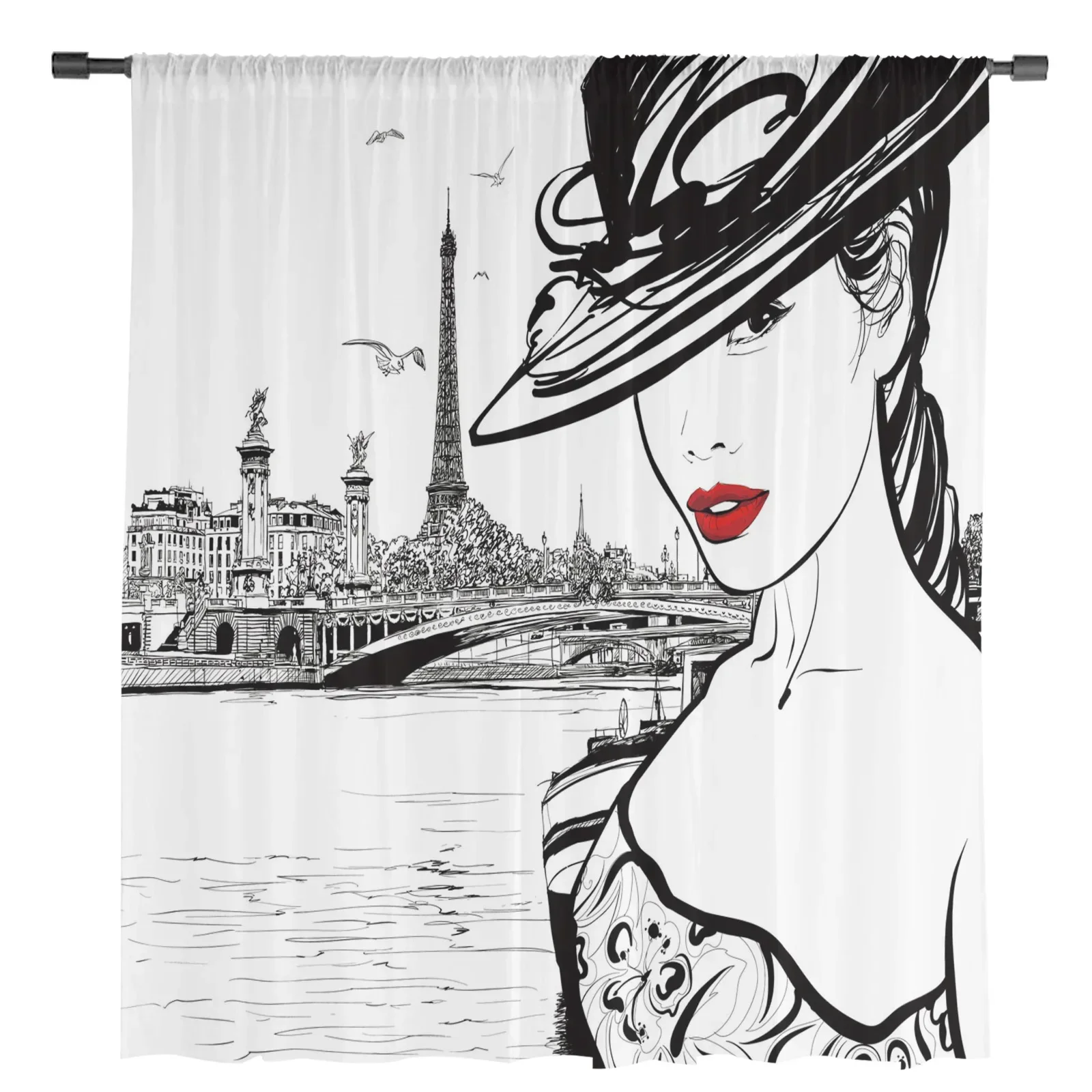 Paris Seine Woman Eiffel Tower Red Lips Tulle Sheer Curtains for Living Room Bedroom Decor Window Curtain Voile Organza Drapes