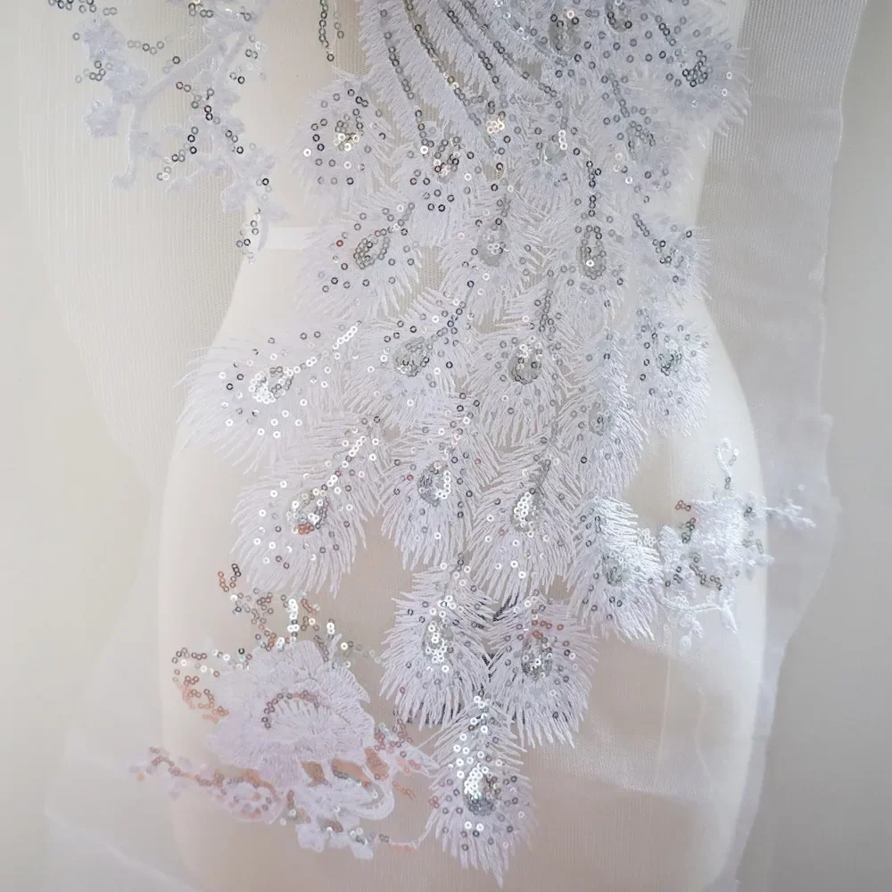 Argento paillettes ricamato pavone uccelli Applique tessuto di pizzo rifinitura Patch per cucire per abito da sposa vestiti artigianato fai da te