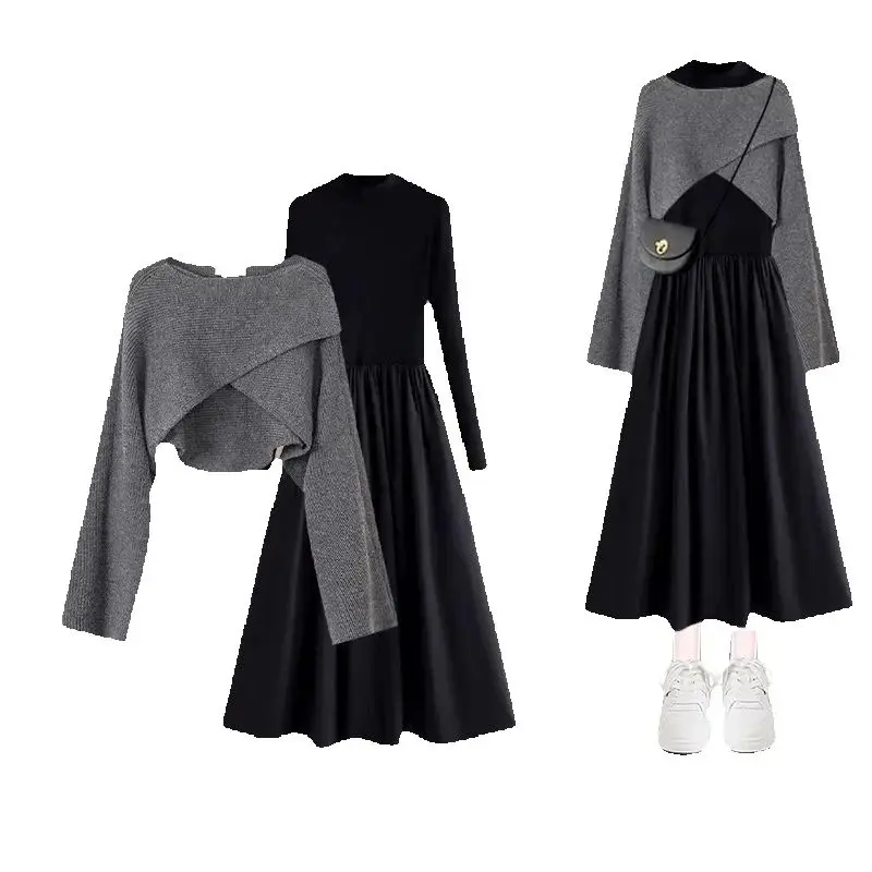 

Элегантный вязаный свитер, платье, комплект, женский тонкий топ с длинными рукавами, длинные юбки, костюмы из 2 предметов, офисные шикарные наряды