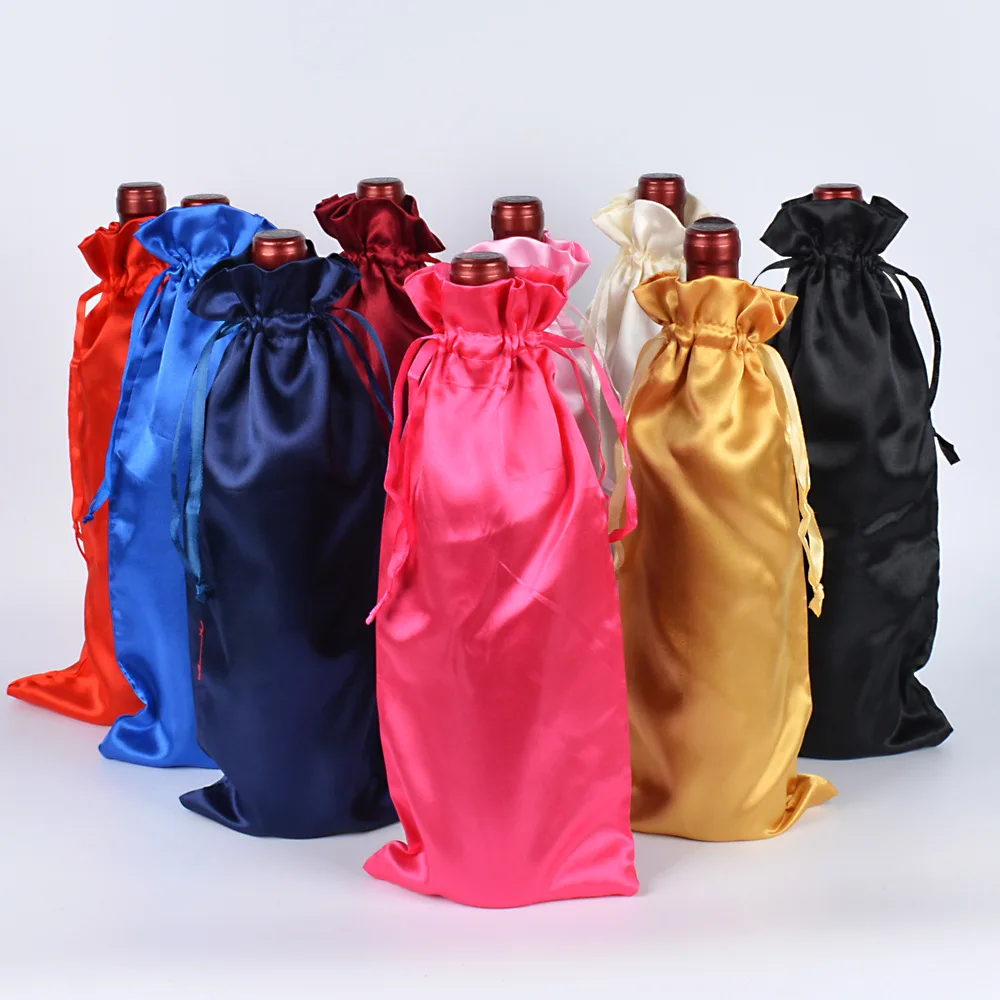 10pcs / lot 15x35cm satin fil sac cordon sac bouteille de vin sac d'emballage Fête de mariage décoration de Noël