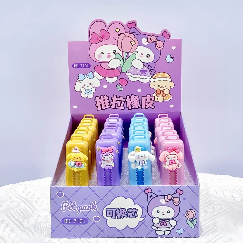 sanrio kuromi 12 24 pecas borracha kawai melodia cinnamonroll pintura push pull borracha criancas pom pom purin estudante papelaria 01