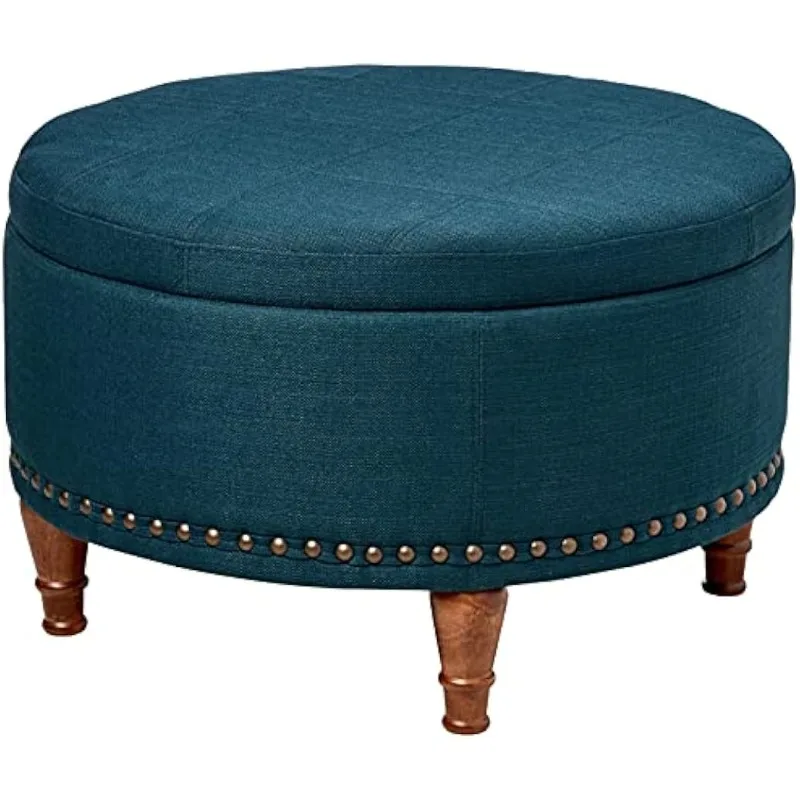 

Furnishings Alloway Storage Ottoman with Antique Bronze Nailheads, Azure Blue Fabric