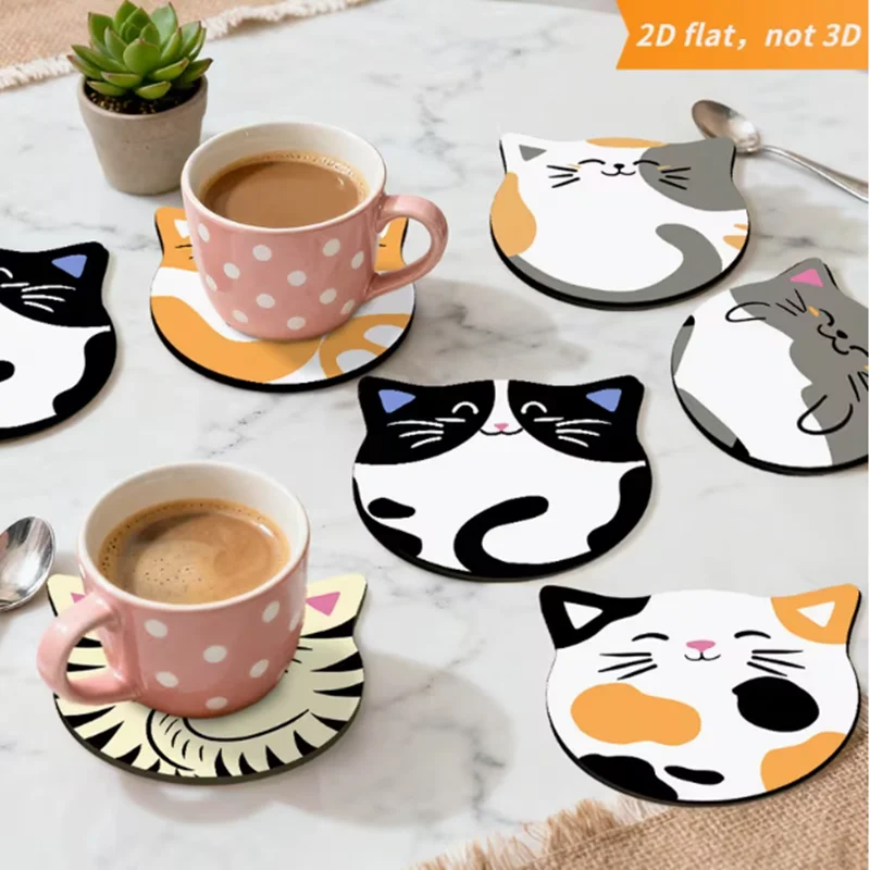 6 Stück flache, 2D-förmige, dekorative Untersetzer aus Holz in Form von Cartoon-Katzen, wärmeisolierende Teeuntersetzer und rutschfeste Untersetzer