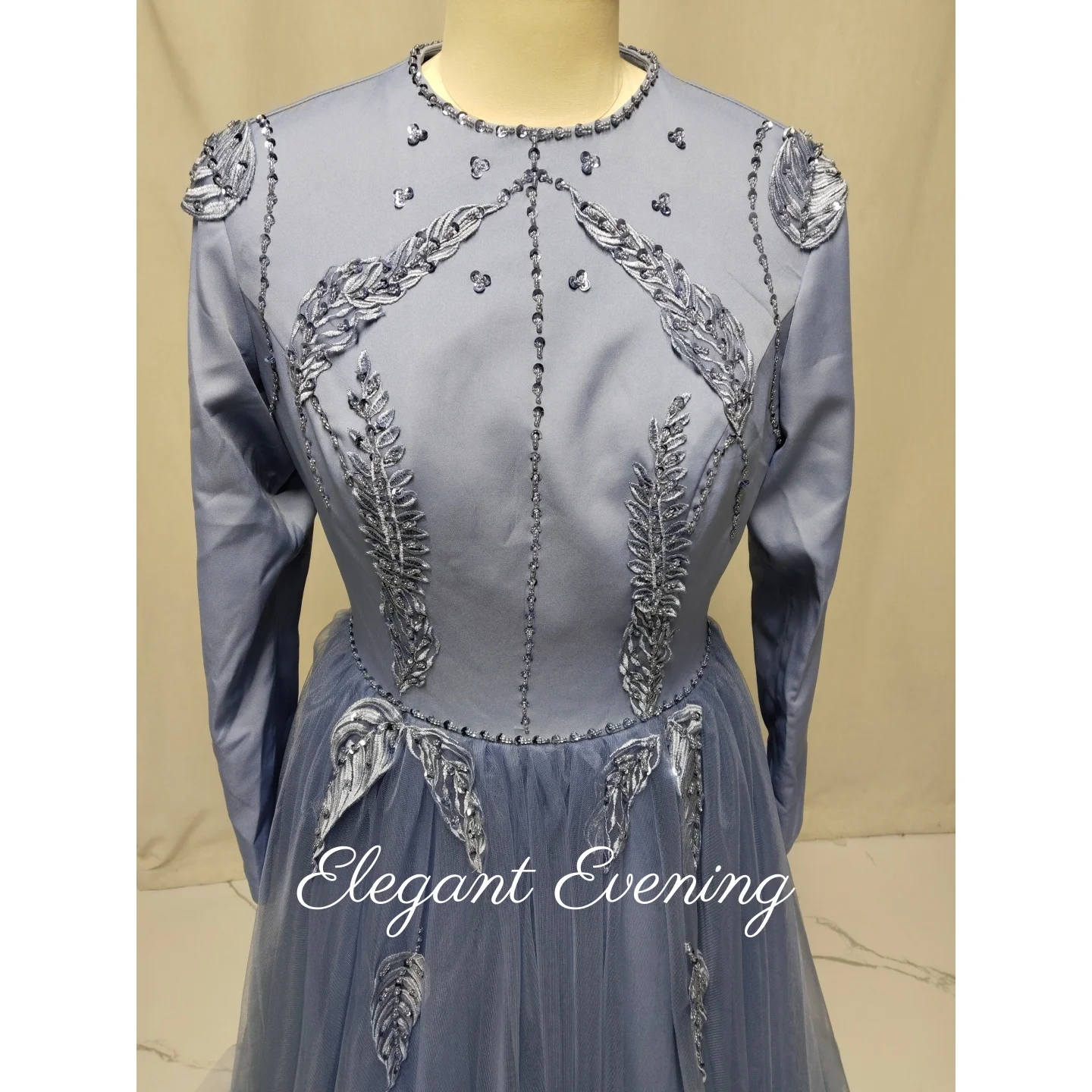 Blue Evening Dress Sequins Beadings Customized Women Tulle Prom Dresses Ruffle Formal Request Saudi Arabia Wedding Party Dress