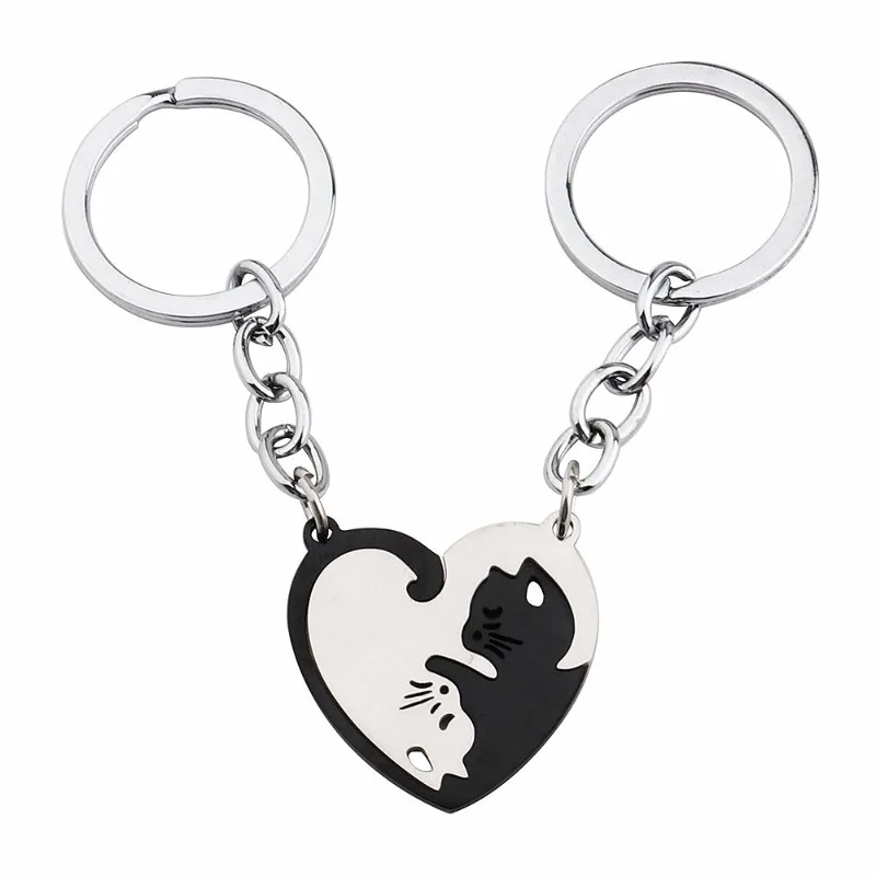 Heart-shaped Patchwork Love Cat Keychain Pendant Couple Key Chain Pendant Jewelry European and American Stainless Steel Keychain