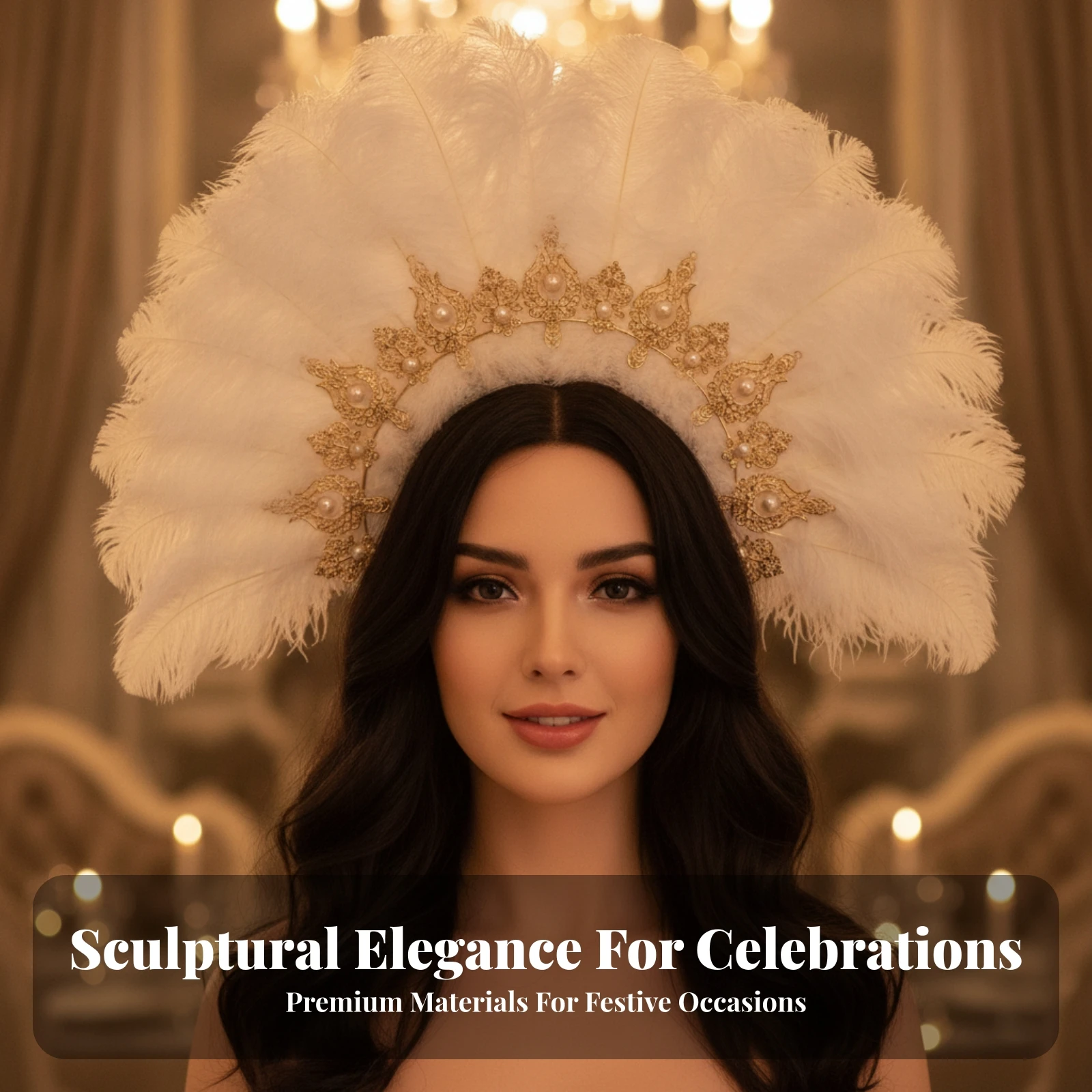 Feather Headpiece with Gold-Tone Frame Feathered Feather Headdress Headband Fan-Shaped Headwear Costume for Performers