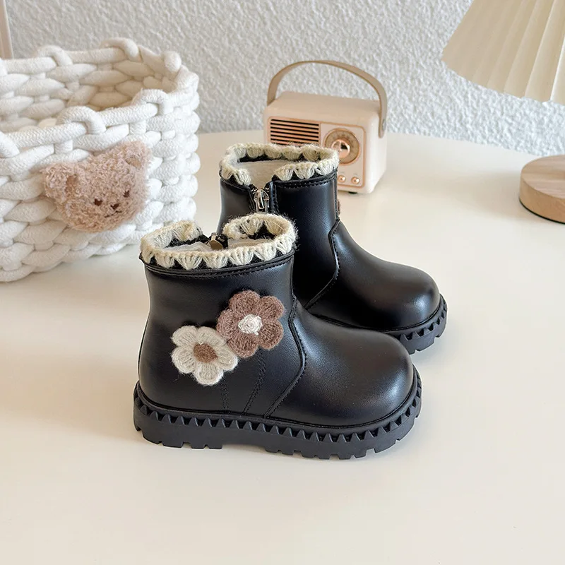 Kids'Boots PU Leather Flower Fashion Winter Flat Boots For Children Anti-slip Warm Designer Brown Black Shoes Size 23-35