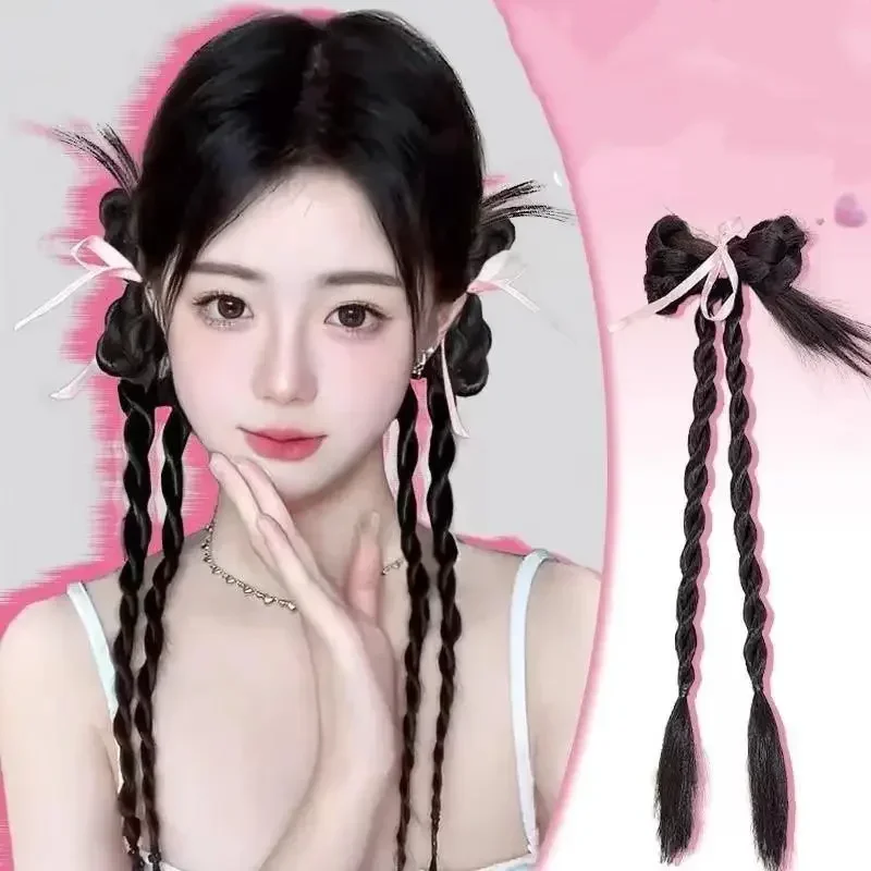 1PCS 42cm synthetic Ballet Style Pink Butterfly Ribbon Fried Dough Twists Braid Horsetail Wig for Women Fashion Hair Accessories