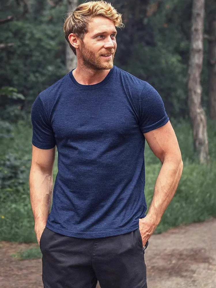 Ropa de lana merina para hombre, prenda de secado rápido, transpirable, con cuello redondo, de manga corta, para deportes de montaña y correr, 70%