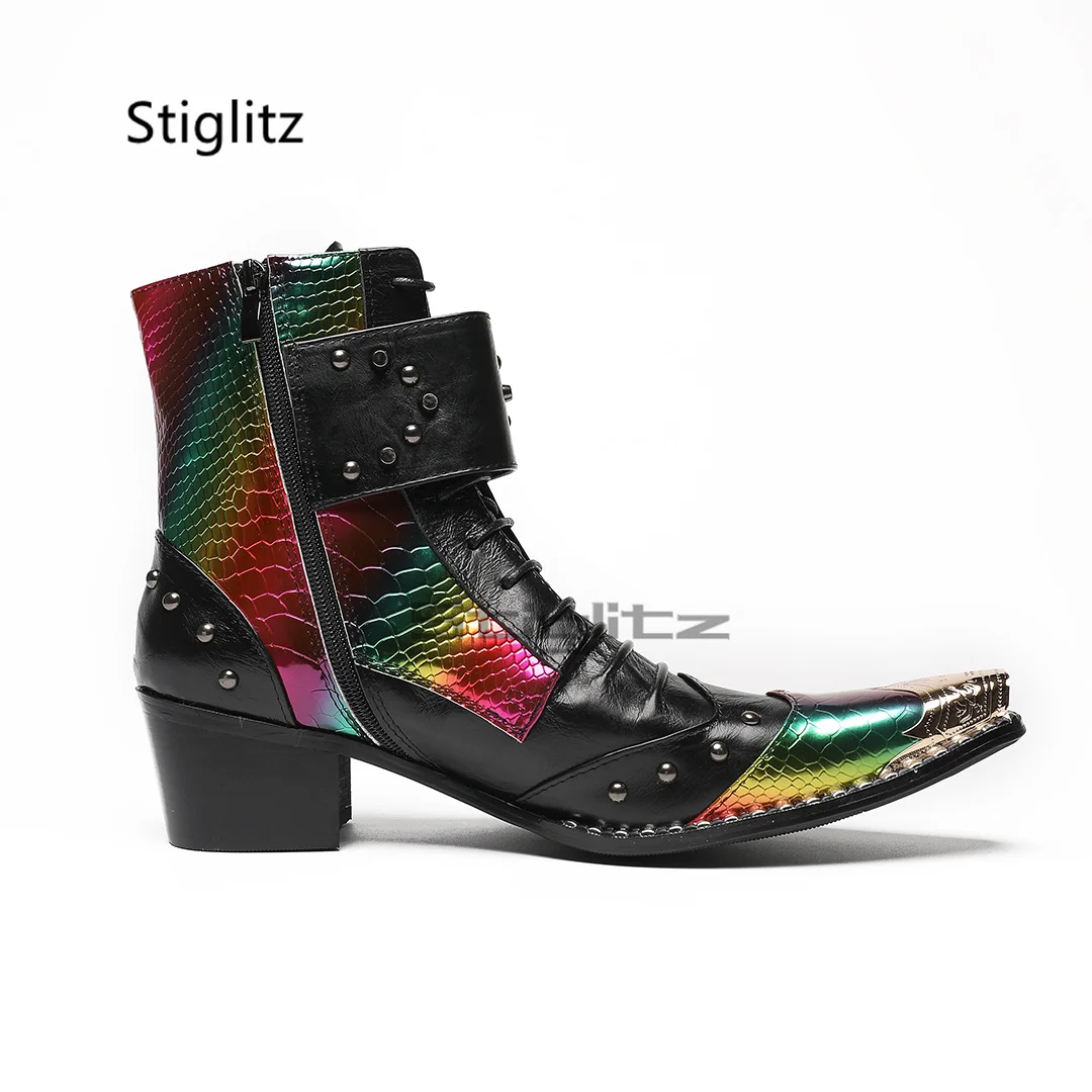 Mixed Colors High Heeled Men's Chelsea Boots Genuine Leather Metal Pointed Toe Rivet Ankle Boots Belt Buckle Side Zip Male Shoes