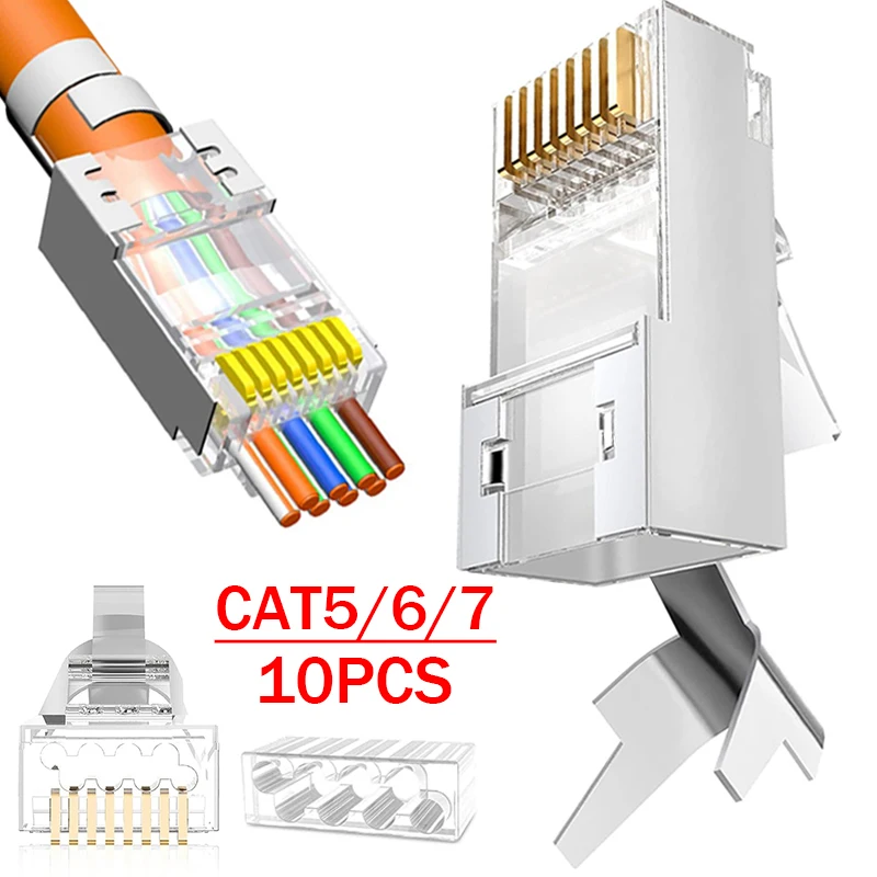 Cat7 RJ45 Pass Through Connectors Metal Shielded RJ45 Cat7 Cat6 Cat5 Ends FTP 8P8C Modular Network Plug Connector Adapters