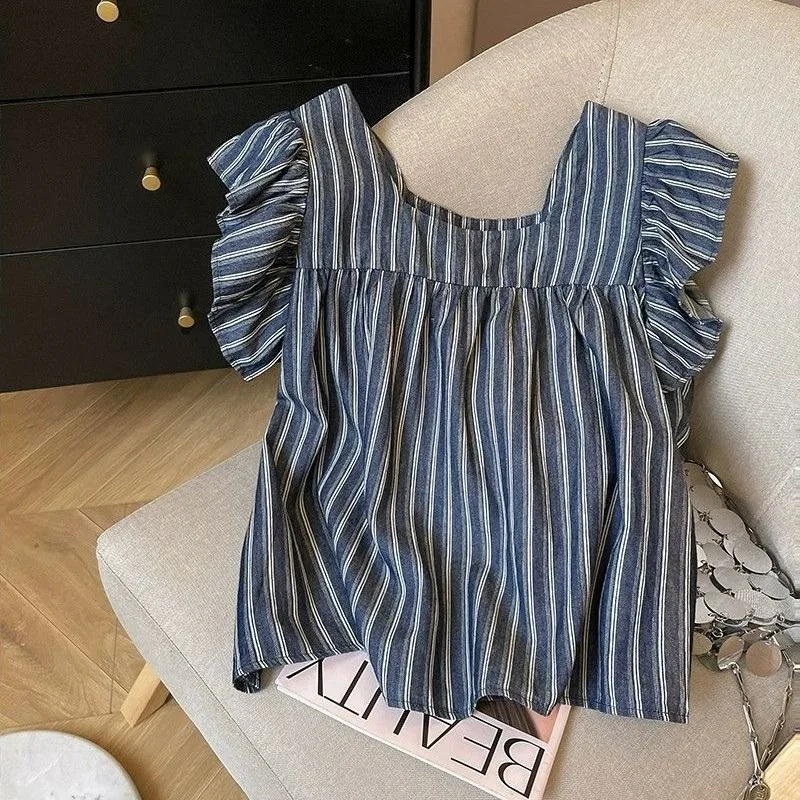French Style Sweet Niche Square Neck Short-sleeved T-shirt Women's Striped Women's 2024 Summer New Striped Cute Top