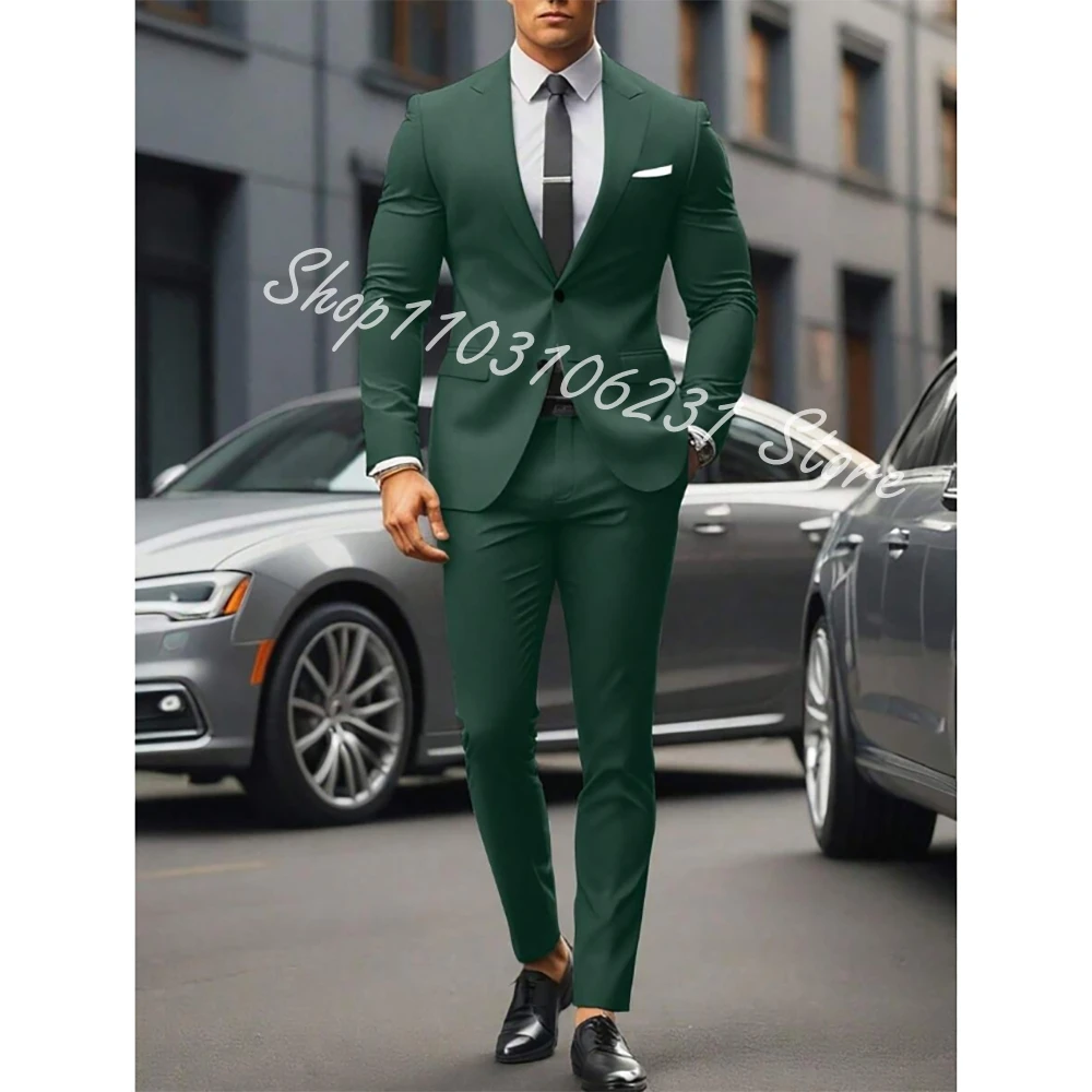 

Dark Green Business Formal Men Suits Groomsmen Wedding Party Prom Male Tuxedos 2 Piece Set Blazer Pants Trajes De Hombre