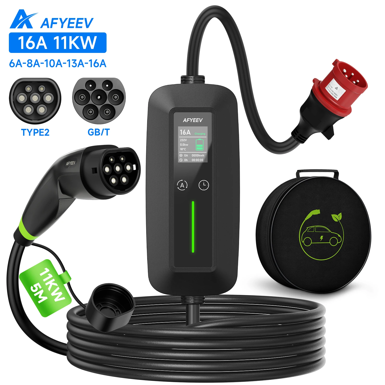 

AFYEEV 11KW 16A Portable Type 2 IEC62196-2 EV Charger Adjustable Current Delayed Charging CEE Plug GB/T Electric Vehicle Charger