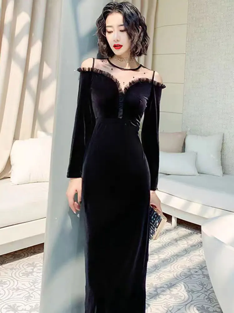 

Ele Bla Evening Gown Women's Dr for Birthday Parties Banquets Faionable Long Sve round Ne Design