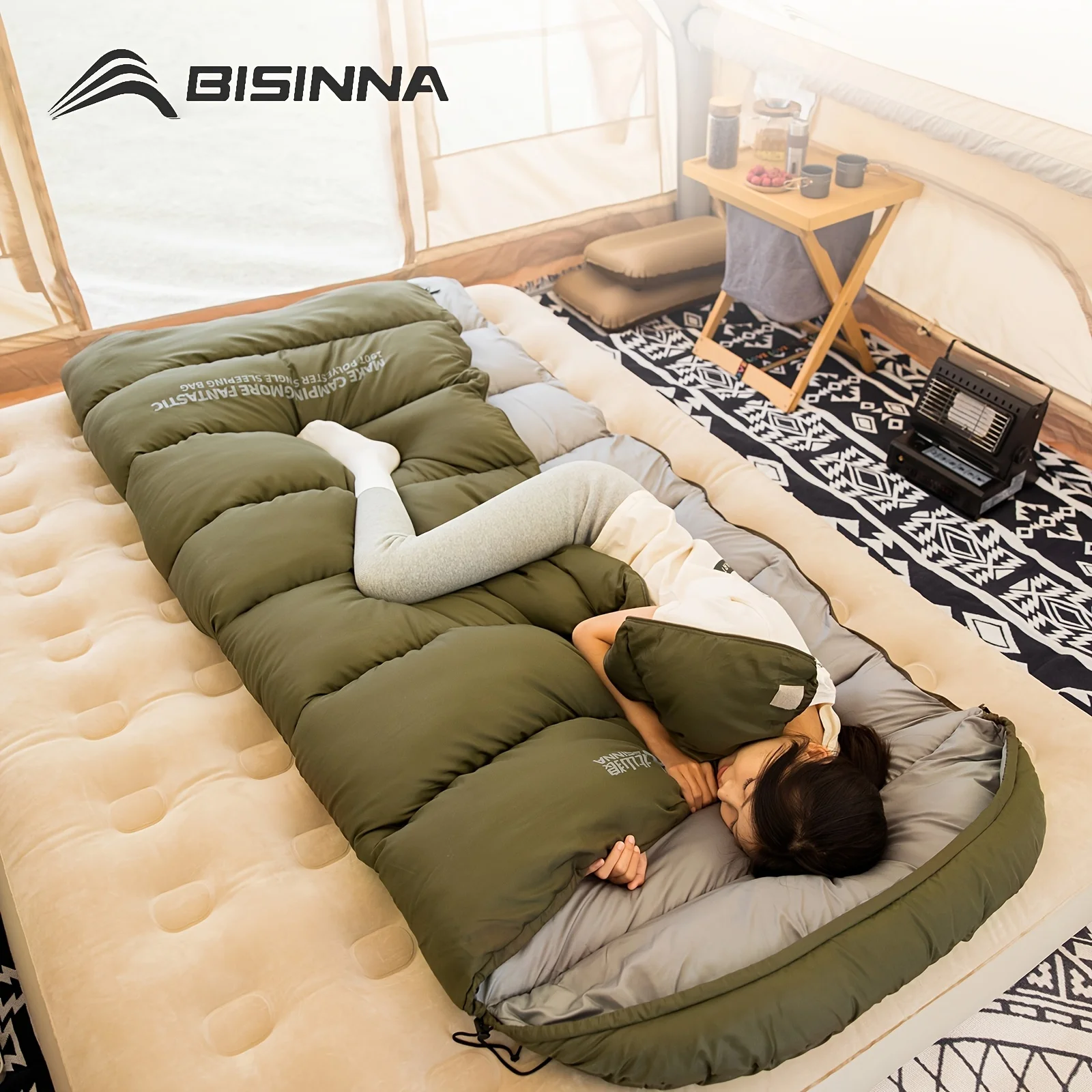

BISINNA 1-Person Envelope Sleeping Bag - Heavy-Duty Full-Zip Synthetic, Olive/Beige/Grey, Warm for Hiking Camping