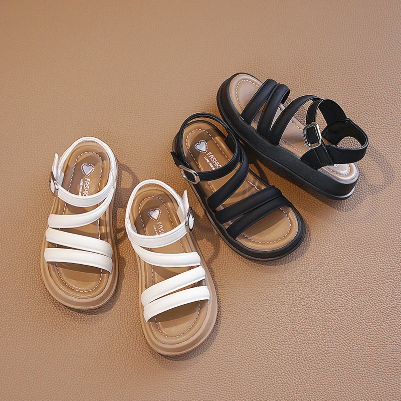 2023 New Simple Girls Sandals Children Fashion Non-slip Hook & Loop Kids Shoes Breatheable Open-toe Solid Color Cool Versatile