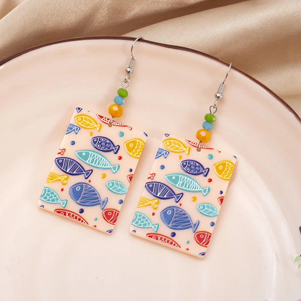 New Fashion Gorgeous Colorful Beach Summer Vacation Style Cartoon Fish Pattern Acrylic Earrings For Women Dangle Drop Jewelry