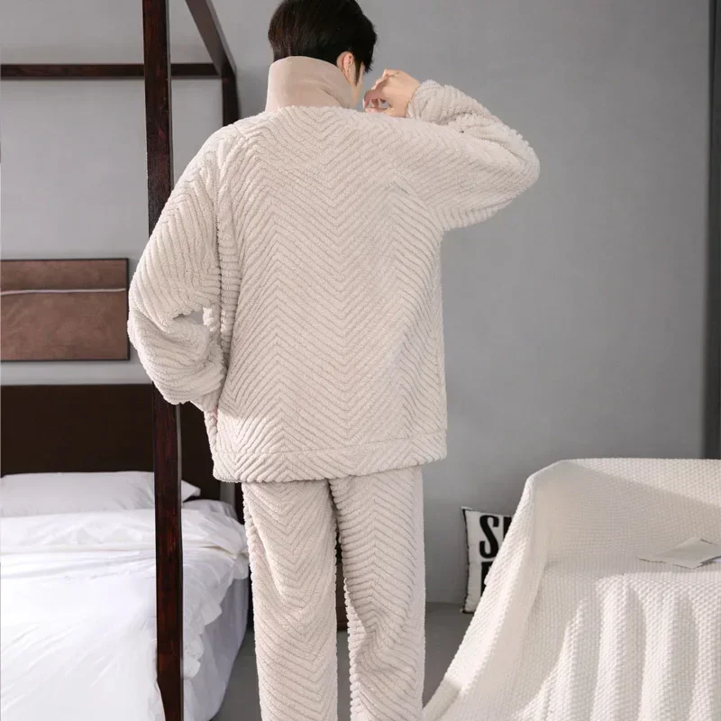 Conjunto de pijama con estampado de letras para hombre, ropa de dormir de franela térmica con cuello levantado, cálida, Coral, Invierno