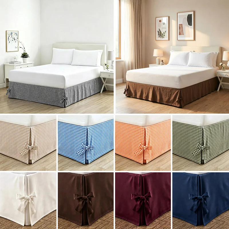 Check Pattern Bed Skirt Elastic Pinch Pleat 35cm Drop Premium Wrap Around Bed Sheet for Queen Bed Bowknot Bandage Hotel Decor