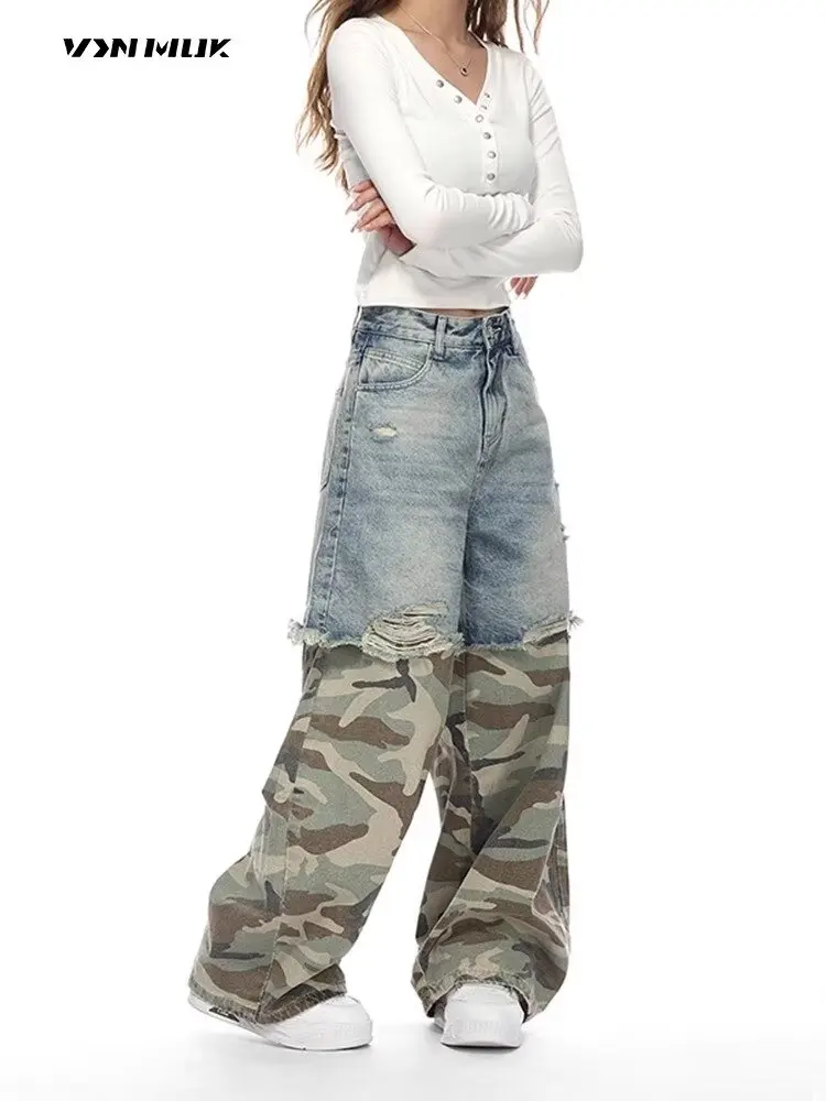 Mulheres retalhos baggy y2k jeans rasgados harajuku azul emendado jeans falso duas peças soltas calças retas hip-hop