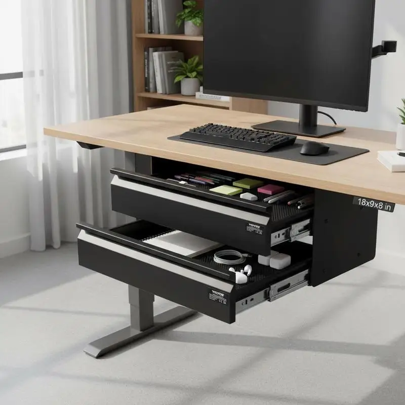 Cajón Deslizable Bajo Escritorio, 457x227x200 mm, Cajón Organizador de Almacenamiento Oculto Bajo Escritorio de 2 Niveles, Capacidad de Carga 5 kg, para Debajo de la Mesa, Escritorio de Trabajo de Pie