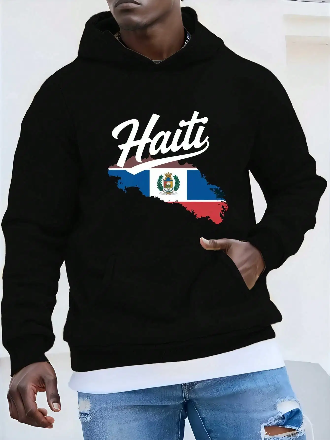 Men Front Print Hoodie, Haiti Script Letter With Haiti Map Flag Emblem Graphic Hooded Sweatshirt, Patriotic Casual Loose Pullover Hoodie