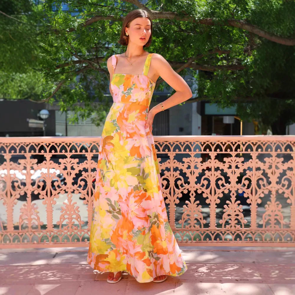 Verão novo estilo de férias europeu e americano vestido suspender flor pêndulo vestido