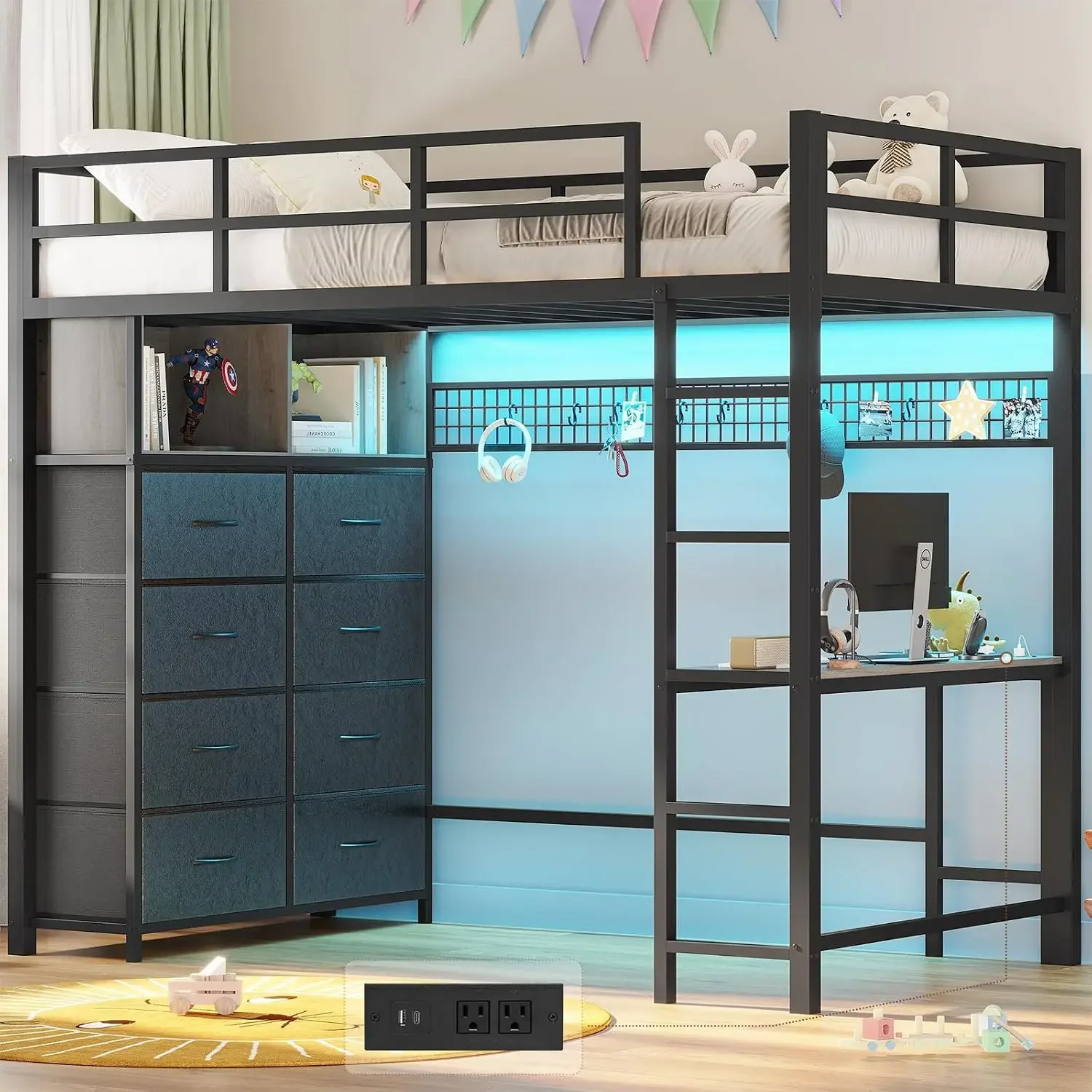 Twin Loft Bed Desk Drawers Charging Station Led Lights Shelf Guard Ladder Metal Grey