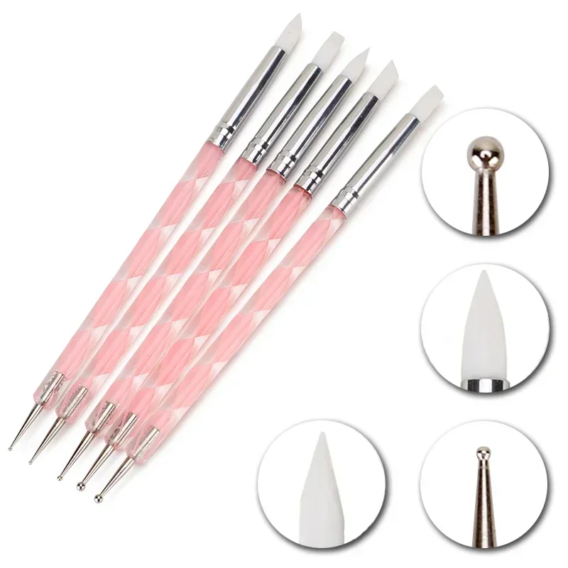 

5Pcs 2 Way Nail Art Acrylic Silicone Point Flower Nail Pen Stainless Steel Dotting Tools Marbleizing Painting Pens