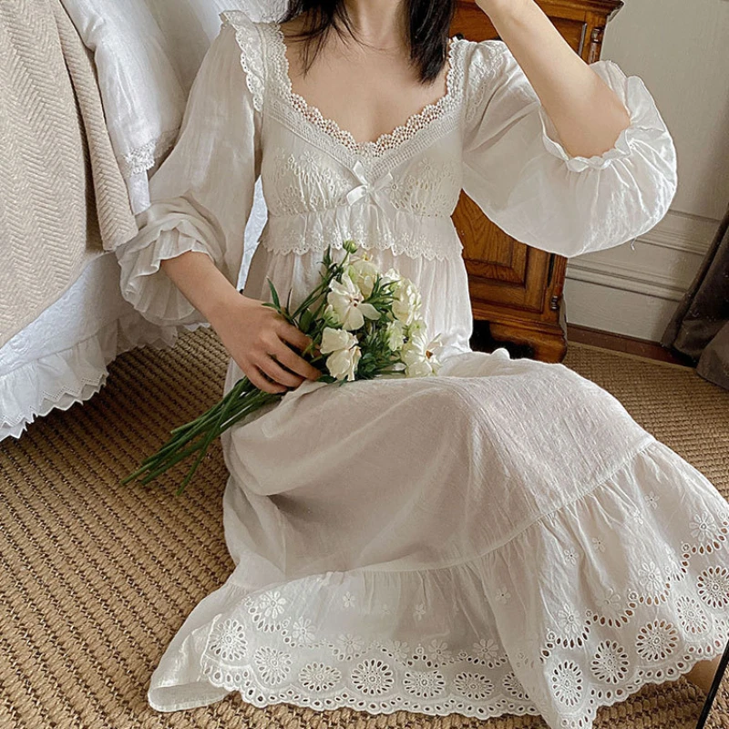 

Romantic Princess Sleepwear Women Autumn Long Sexy Nighty Peignoirs Lolita Vintage Nightgowns Victorian White Cotton Night Dress