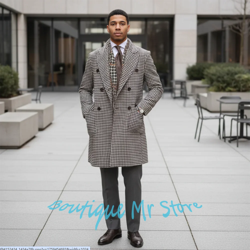 

Classic Houndstooth Men's Suits Double Breasted Peaked Lapel Coat for Business Casual Look Elegant Gentle Winter Costume