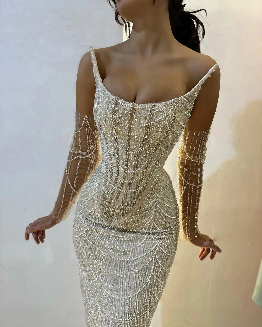 Champagne Sequined Pearls Evening Dresses Mermaid 3 Pieces Suit Beaded Spaghetti Straps Formal Prom Party Gowns Vestido De Gala