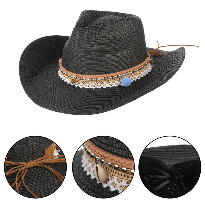 Western Cowboy Hat for Women Men Summer Wide Brim Cowgirl hat Sun Beach Straw Hats