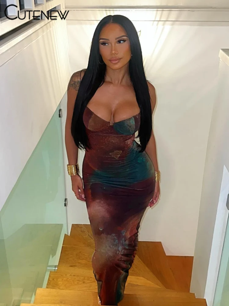 Cutenew-女性のネオングリーンのクラブストラップロングドレス、セクシーなバックレス、ノースリーブ、スキニーストレッチ、女性の休暇パーティーマキシドレス、y2k