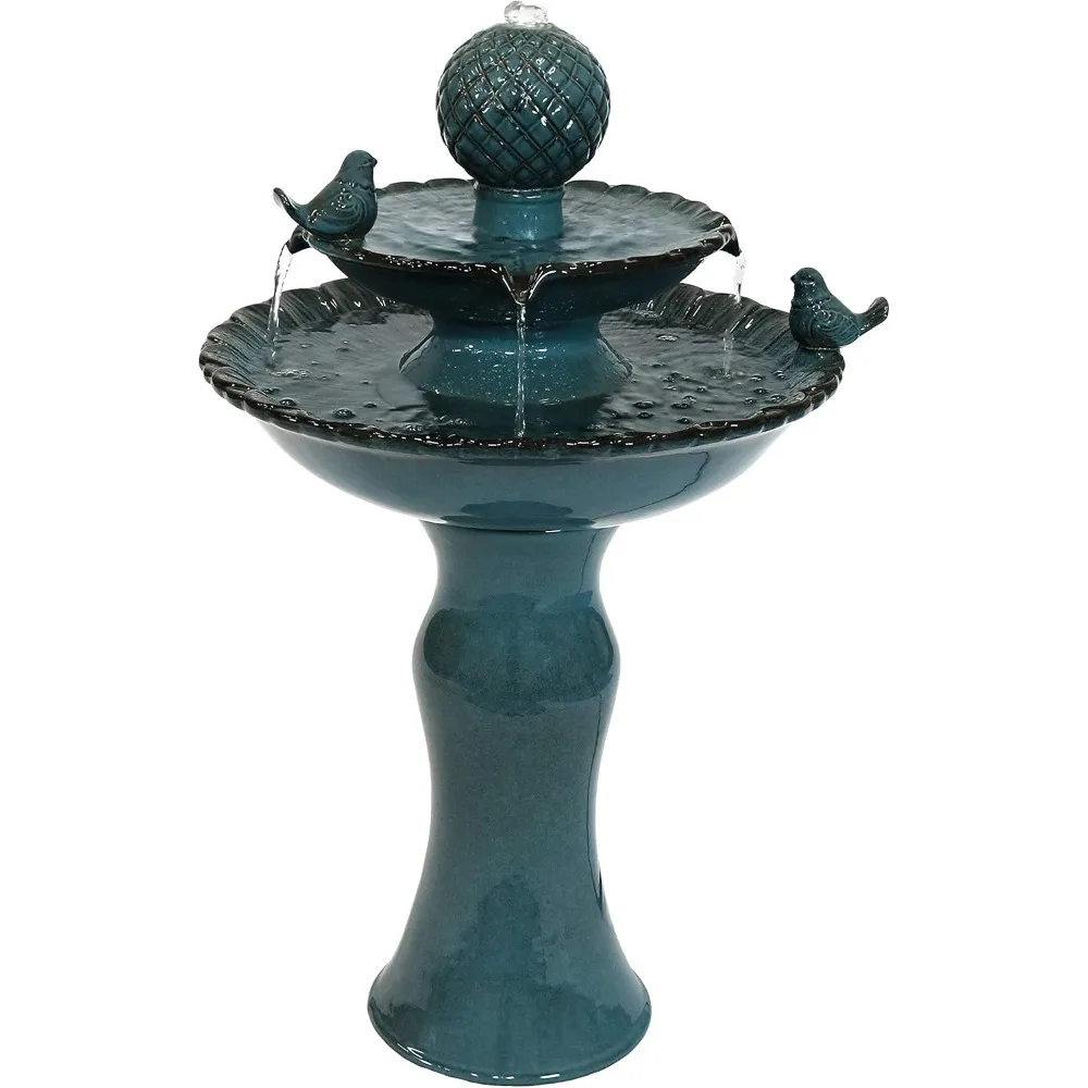 Resting Birds 27-Inch Ceramic Outdoor Water Fountain - 2 Tiers - Electric Submersible Pump with Adjustable Flow